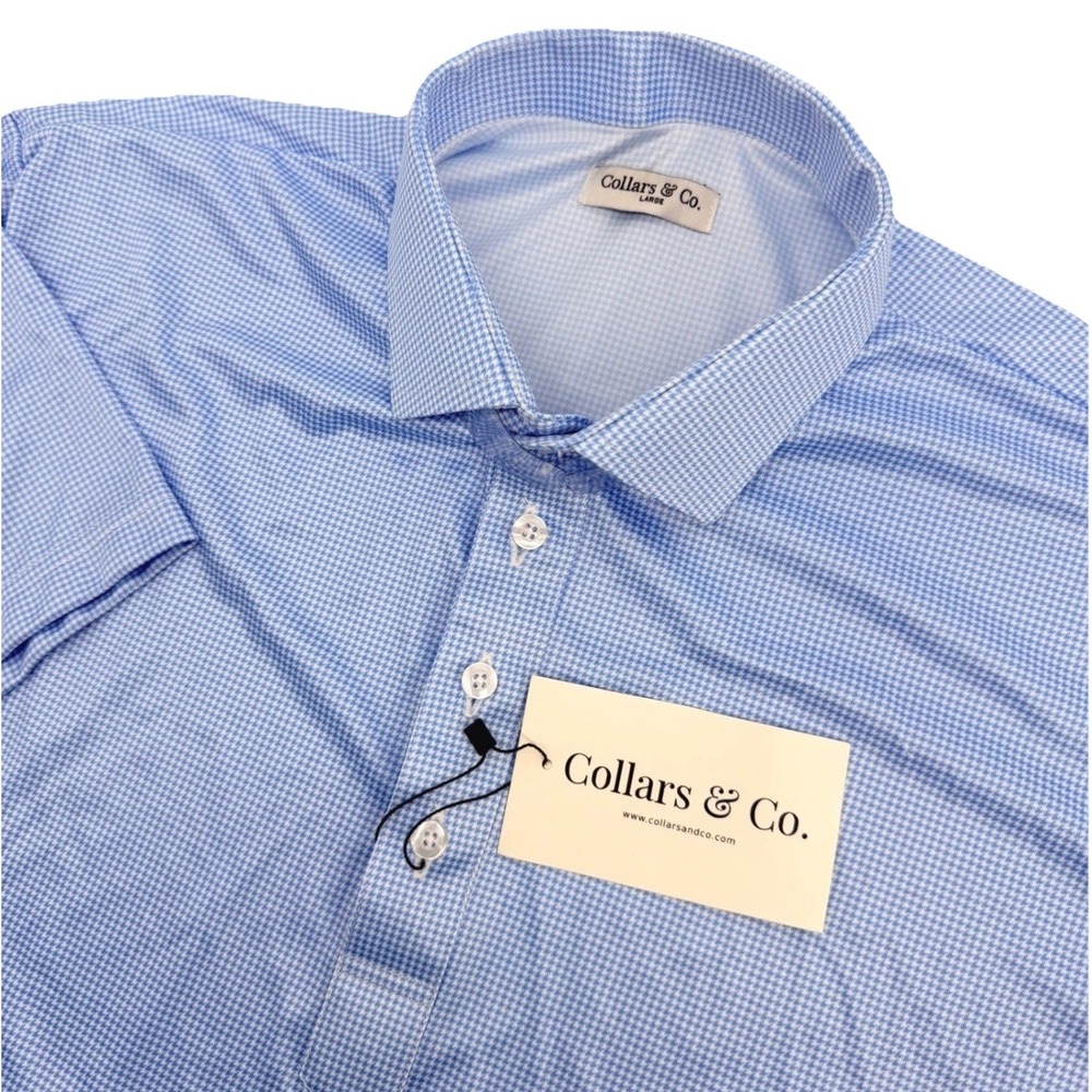 Collars & Co. Polo Shirt Mens L Blue Houndstooth Dress Collar Short Sleeve NEW